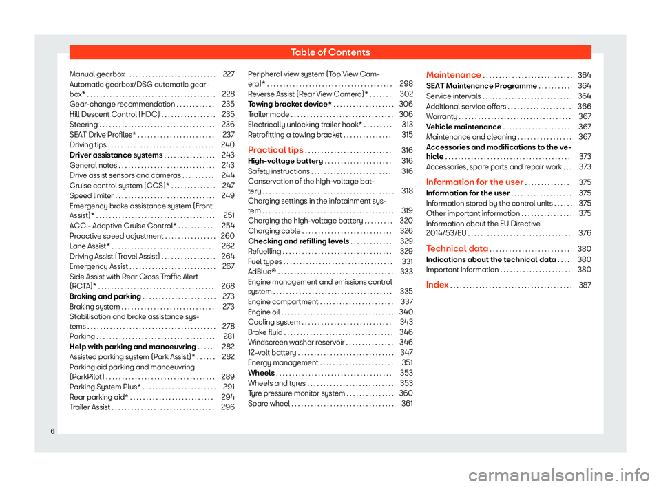 Seat Tarraco 2020  Owners manual Table of Contents
Manual gearbox . . . . . . . . . . . . . . . . . . . . . . . . . . . . 227
Automatic gearbox/DSG automatic gear-
bo x* . . . . . . . . . . . . . . . . . . . . . . . . . . . . . . . .