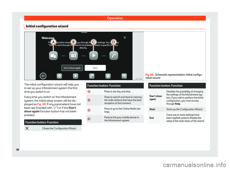 Seat Tarraco 2020  Owners manual Operation
Initial configuration wizard Fig. 66 
Schematic representation: Initial configu-
r ation wiz
ard The initial configuration wizard will help you
t
o set up your Inf

otainment system the firs