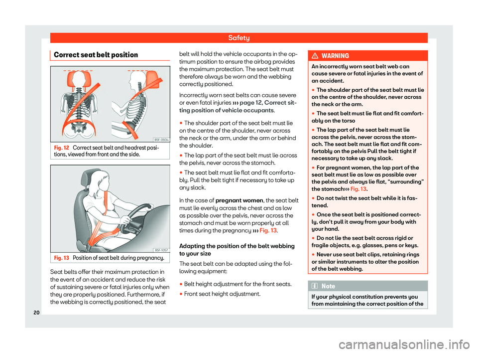 Seat Tarraco 2019 Owners Guide Safety
Correct seat belt position Fig. 12 
Correct seat belt and headrest posi-
tions, vie wed fr
om fr ont and the side
.Fig. 13 
Position of seat belt during pregnancy. Seat belts offer their maximu