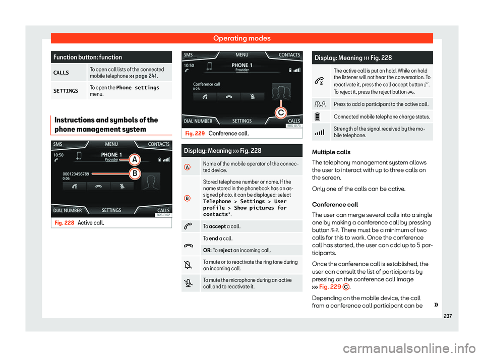Seat Tarraco 2019  Owners manual Operating modes
Function button: function
�C�A�L�L�S To open call lists of the connected
mobile telephone 

