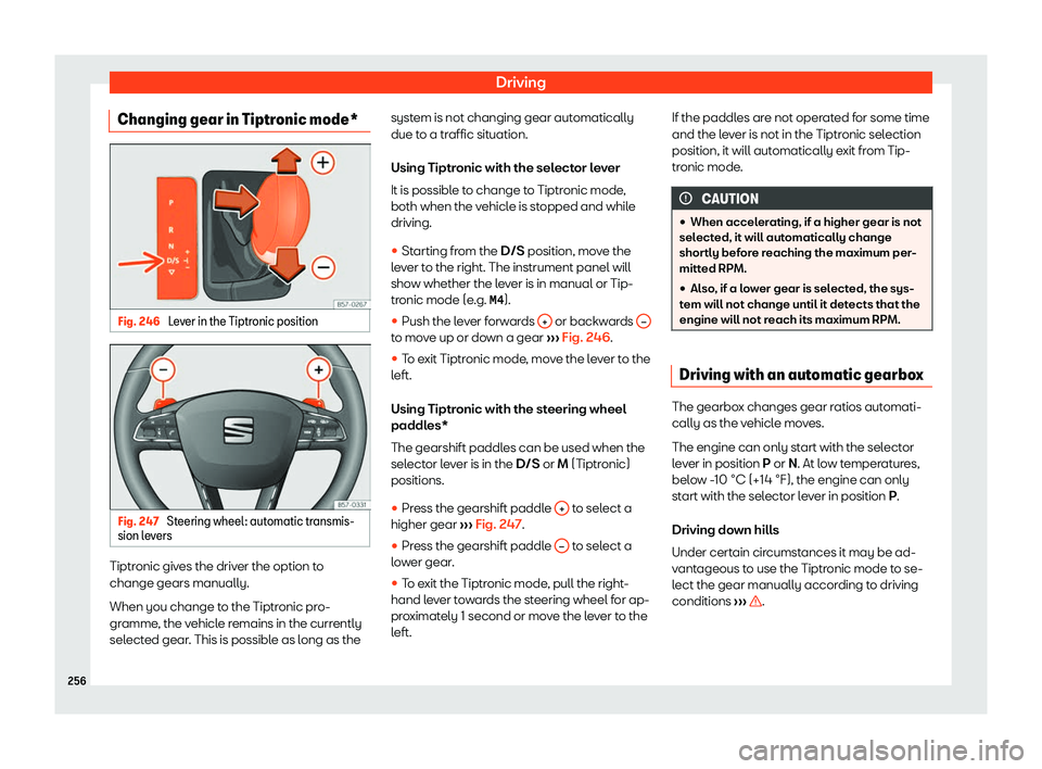 Seat Tarraco 2019  Owners manual Driving
Changing gear in Tiptronic mode* Fig. 246 
Lever in the Tiptronic position Fig. 247 
Steering wheel: automatic transmis-
sion l ev
ers Tiptronic gives the driver the option to
change gears man