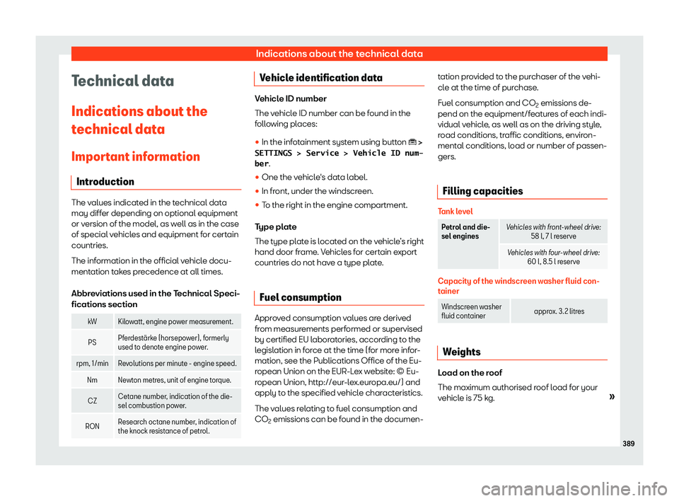 Seat Tarraco 2019 Owners manual Indications about the technical data
Technical data
Indications about the
t echnical dat
a
Impor t
ant inf ormation
Intr oduction The values indicated in the technical data
may diff
er depending on op Seat Tarraco 2019 Owners manual Indications about the technical data
Technical data
Indications about the
t echnical dat
a
Impor t
ant inf ormation
Intr oduction The values indicated in the technical data
may diff
er depending on op