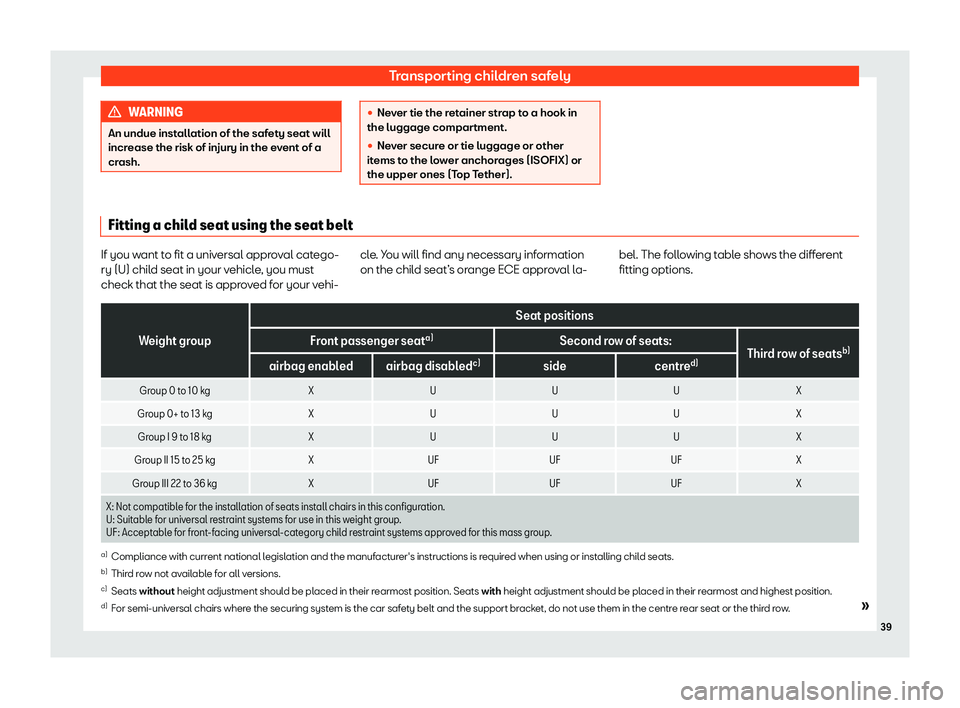 Seat Tarraco 2019 Service Manual Transporting children safely
WARNING
An undue installation of the safety seat will
increase the risk of injury in the event of a
crash. 