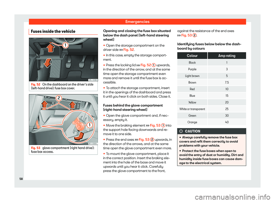 Seat Tarraco 2019 Workshop Manual Emergencies
Fuses inside the vehicle Fig. 52 
On the dashboard on the driver