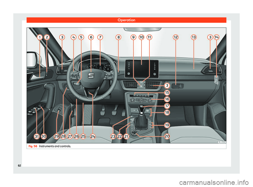 Seat Tarraco 2019 Repair Manual Operation
Fig. 56 
Instruments and controls.62 