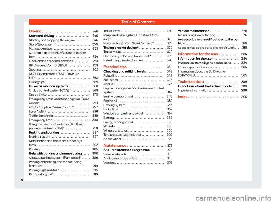 Seat Tarraco 2019  Owners manual Table of Contents
Driving . . . . . . . . . . . . . . . . . . . . . . . . . . . . . . . . . . . 246 Start and driving . . . . . . . . . . . . . . . . . . . . . . . . . . 246
Starting and stopping the 