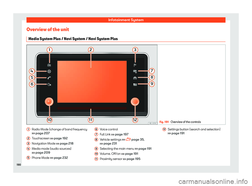 Seat Tarraco 2018  Owners manual Infotainment System
Overview of the unit Media Syst em Plus / Navi Syst
em / Navi Syst
em Plus Fig. 191 
Overview of the controls Radio Mode (change of band frequency
