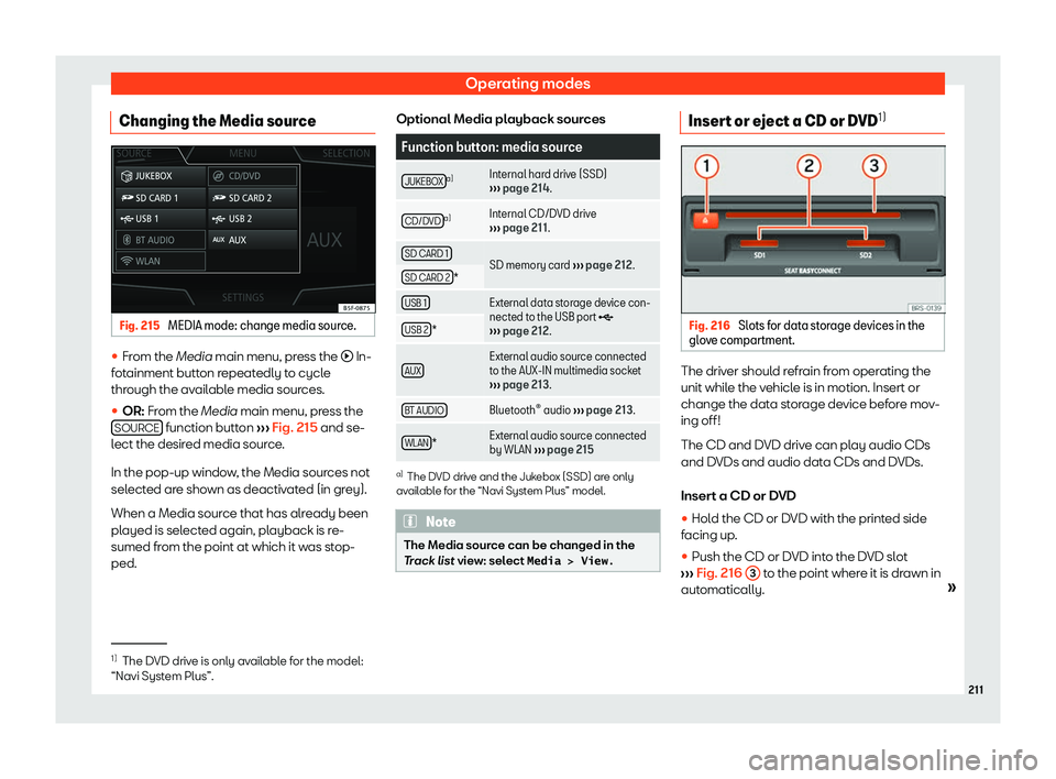 Seat Tarraco 2018  Owners manual Operating modes
Changing the Media source Fig. 215 
MEDIA mode: change media source. 