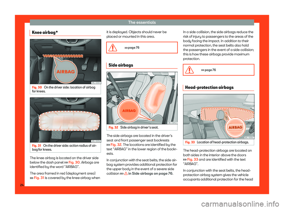 Seat Tarraco 2018 Owners Guide The essentials
Knee airbag* Fig. 30 
On the driver side: location of airbag
f or knees. Fig. 31 
On the driver side: action radius of air-
bag f or knees. The knee airbag is located on the driver side