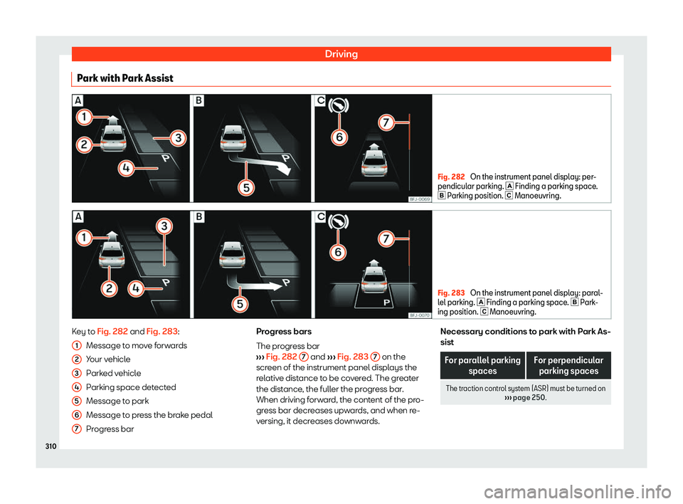 Seat Tarraco 2018 User Guide Driving
Park with Park Assist Fig. 282 
On the instrument panel display: per-
pendicular parking.  �
 Finding a parking space.
� Parking position. � Manoeuvring. Fig. 283 
On the instrument p