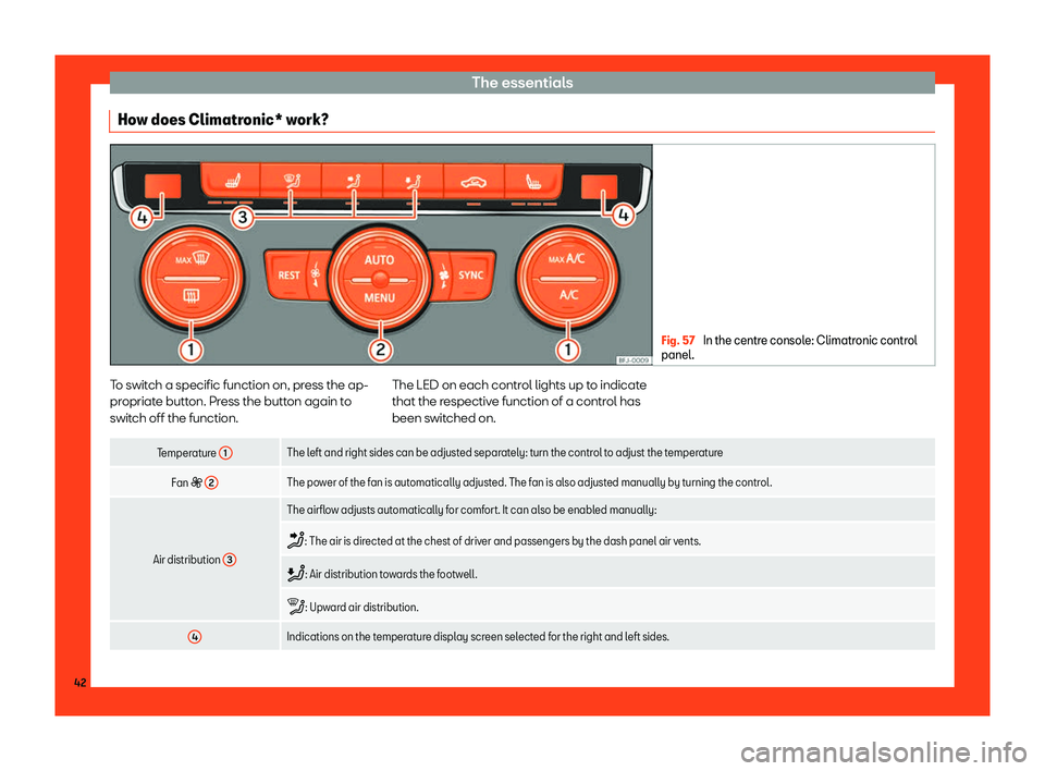 Seat Tarraco 2018 Service Manual The essentials
How does Climatronic* work? Fig. 57 
In the centre console: Climatronic control
panel. To switch a specific function on, press the ap-
pr
opriat
e butt
on. Press the button again to
swi