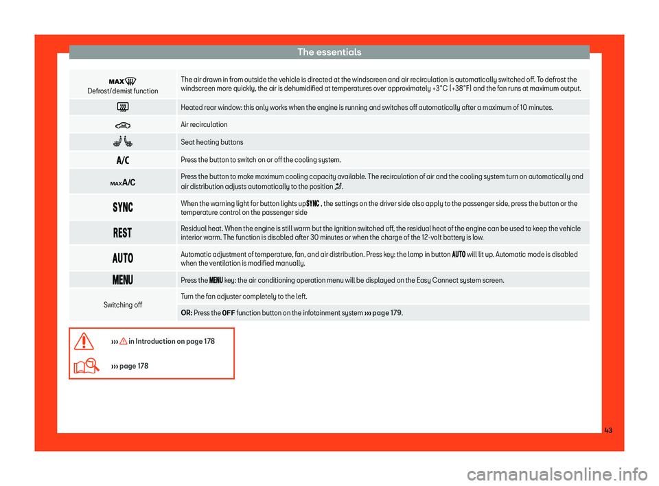 Seat Tarraco 2018 Service Manual The essentials
�
Defrost/demist function The air dr
awn in fr om outside the vehicle is directed at the windscreen and air recirculation is automatically switched off. To defrost the
windscreen mor