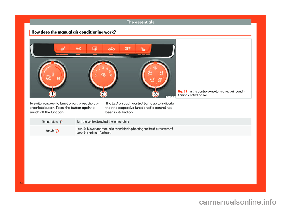 Seat Tarraco 2018 Service Manual The essentials
How does the manual air conditioning work? Fig. 58 
In the centre console: manual air condi-
tioning control panel .To switch a specific function on, press the ap-
pr
opriat
e butt
on. 