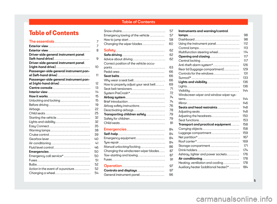 Seat Tarraco 2018  Owners manual Table of Contents
Table of Contents The essential s
 . . . . . . . . . . . . . . . . . . . . . . . . . .
7
Exterior view . . . . . . . . . . . . . . . . . . . . . . . . . . . . . . . 7
Exterior view .