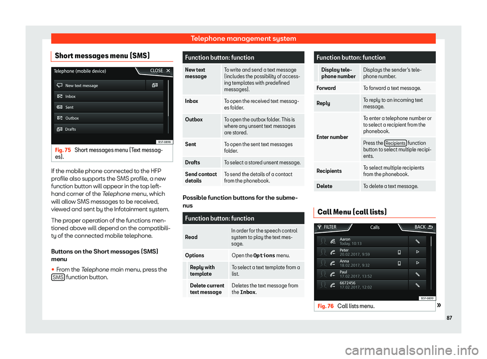 Seat Tarraco 2018  MEDIA SYSTEM PLUS - NAVI SYSTEM - NAVI SYSTEM PLUS Telephone management systemShort messages menu (SMS)Fig. 75 
Short messages menu (Text messag-
es).
If the mobile phone connected to the HFP
profile also supports the SMS profile, a newfunction button