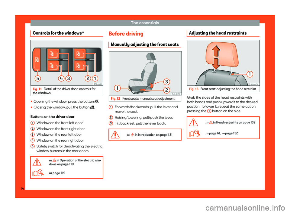 Seat Toledo 2018  Owners manual The essentials
Controls for the windows* Fig. 11 
Detail of the driver door: controls for
the windo ws. 