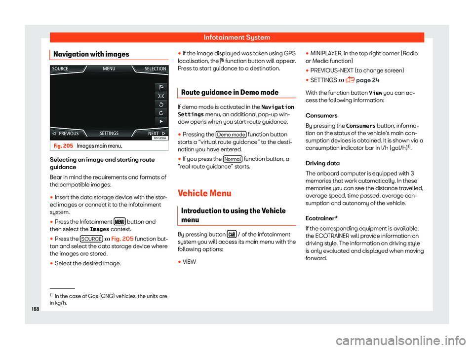 Seat Toledo 2018  Owners manual Infotainment System
Navigation with images Fig. 205 
Images main menu. Selecting an image and starting route
guidance
Bear in mind the r
equir
ements and f
ormats of
the compatible images.
