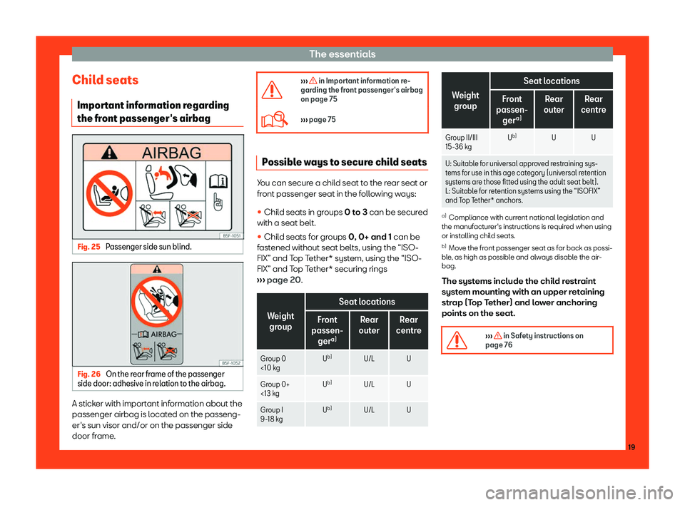 Seat Toledo 2018 Owners Guide The essentials
Child seats Impor t
ant inf
ormation regarding
the front passenger