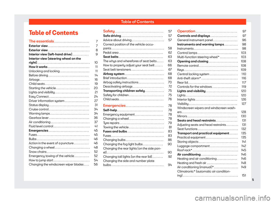 Seat Toledo 2018 Owners manual Table of Contents
Table of Contents The essential s
. . . . . . . . . . . . . . . . . . . . . . . . . .
7
Exterior view . . . . . . . . . . . . . . . . . . . . . . . . . . . . . . . 7
Exterior view . Seat Toledo 2018 Owners manual Table of Contents
Table of Contents The essential s
. . . . . . . . . . . . . . . . . . . . . . . . . .
7
Exterior view . . . . . . . . . . . . . . . . . . . . . . . . . . . . . . . 7
Exterior view .