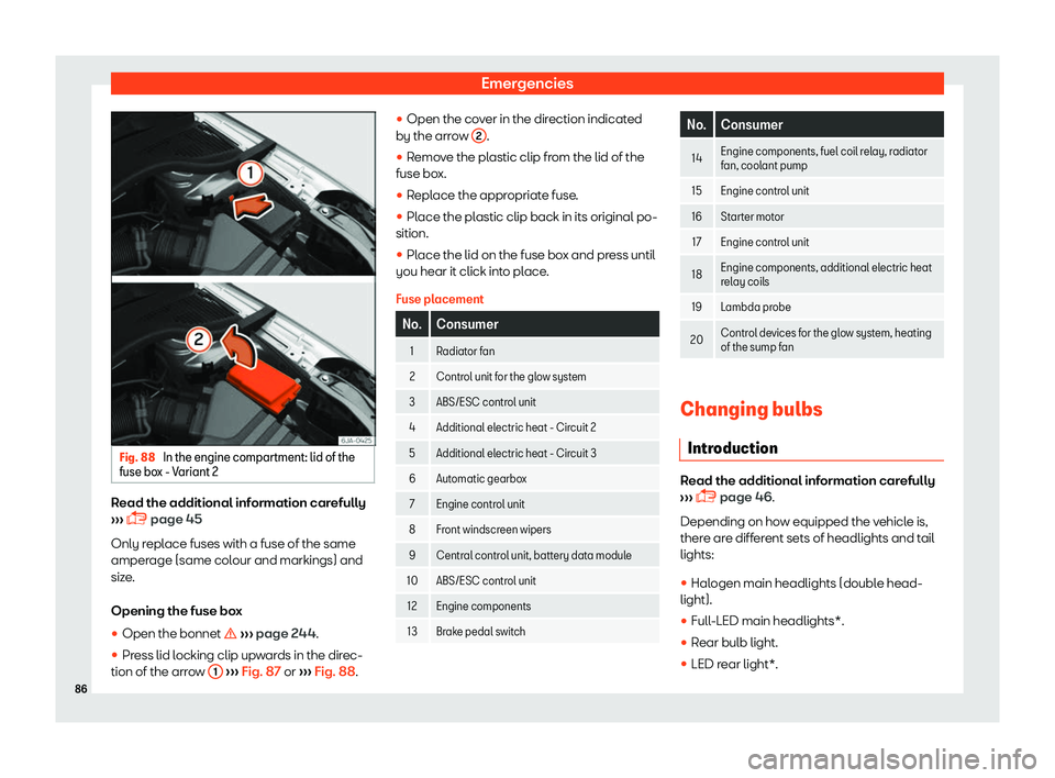 Seat Toledo 2018 Manual Online Emergencies
Fig. 88 
In the engine compartment: lid of the
fuse bo x - V
ariant 2 Read the additional information carefully
