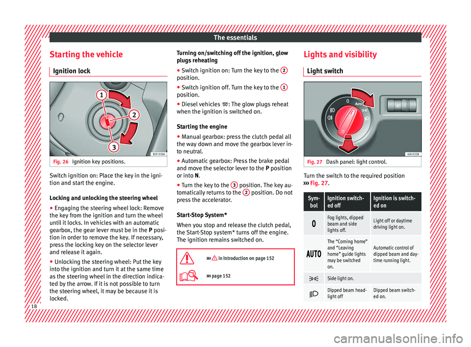 Seat Toledo 2017  Owners manual The essentials
Starting the vehicle Ignition loc kFig. 26 
Ignition key positions. Switch ignition on: Place the key in the igni-
tion and s
t
ar
t the engine.
Locking and unlocking the steering wheel