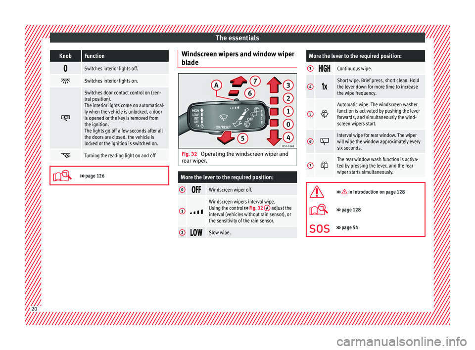 Seat Toledo 2017 Owners manual The essentialsKnobFunction
Switches interior lights off.
Switches interior lights on.
Switches door contact control on (cen-
tral position).
The interior lights come on automatical-
ly whe Seat Toledo 2017 Owners manual The essentialsKnobFunction
Switches interior lights off.
Switches interior lights on.
Switches door contact control on (cen-
tral position).
The interior lights come on automatical-
ly whe
