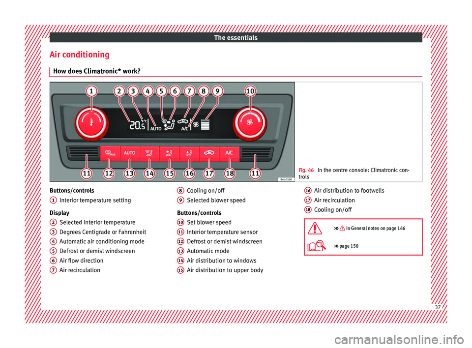 Seat Toledo 2017 Owners manual The essentials
Air conditioning Ho w doe
s
Climatronic* work? Fig. 46
In the centre console: Climatronic con-
tro l
s Buttons/controls
Interior t
emper
ature setting
Display Selected interior temp Seat Toledo 2017 Owners manual The essentials
Air conditioning Ho w doe
s
Climatronic* work? Fig. 46
In the centre console: Climatronic con-
tro l
s Buttons/controls
Interior t
emper
ature setting
Display Selected interior temp
