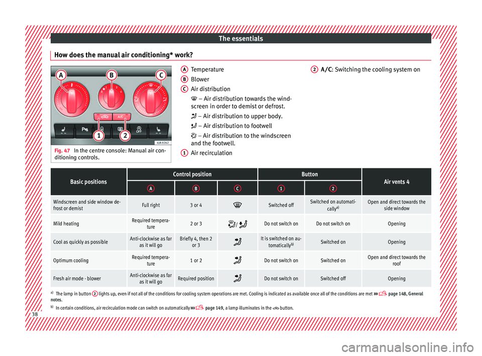 Seat Toledo 2017 Owners manual The essentials
How does the manual air conditioning* work? Fig. 47
In the centre console: Manual air con-
ditioning c ontr
ols. Temperature
Blow
er
Air di
stribution
– Air distribution toward Seat Toledo 2017 Owners manual The essentials
How does the manual air conditioning* work? Fig. 47
In the centre console: Manual air con-
ditioning c ontr
ols. Temperature
Blow
er
Air di
stribution
– Air distribution toward