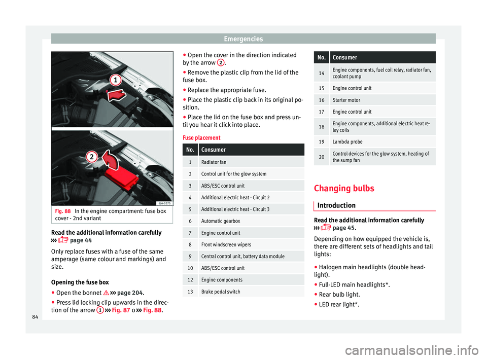 Seat Toledo 2017  Owners manual Emergencies
Fig. 88 
In the engine compartment: fuse box
c o
v
er - 2nd variant Read the additional information carefully
› ›
›

  page 44
Only replace fuses with a fuse of the same
amperage 