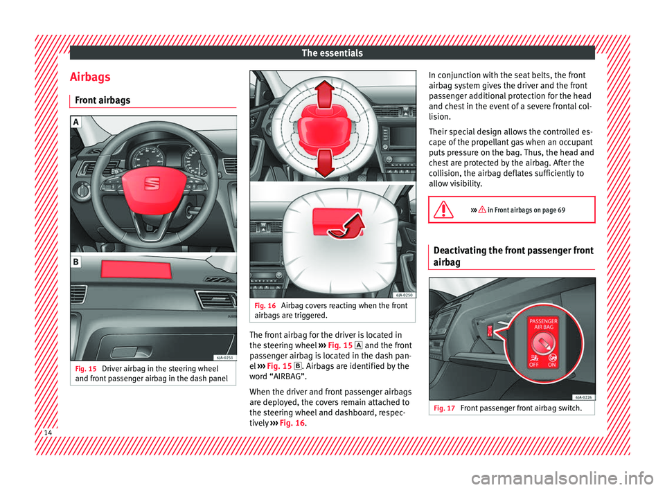 Seat Toledo 2016  Owners manual The essentials
Airbags Fr ont
 airb
agsFig. 15 
Driver airbag in the steering wheel
and fr ont
 p

assenger airbag in the dash panel Fig. 16 
Airbag covers reacting when the front
airb ag
s

 are trig