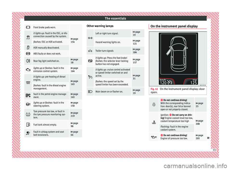 Seat Toledo 2016 Owners manual The essentials
Front brake pads worn.
›››
page
154
it lights up:
Fault in the ESC, or dis-
connection caused by the system.
flashes: ESC or ASR activated.
ASR manually deactivated. Seat Toledo 2016 Owners manual The essentials
Front brake pads worn.
›››
page
154
it lights up:
Fault in the ESC, or dis-
connection caused by the system.
flashes: ESC or ASR activated.
ASR manually deactivated.