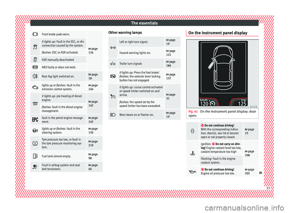 Seat Toledo 2016  Owners manual The essentials
Front brake pads worn.
››› 
page 
154 
it lights up:
 Fault in the ESC, or dis-
connection caused by the system.
flashes: ESC or ASR activated. 
ASR manually deactivated.