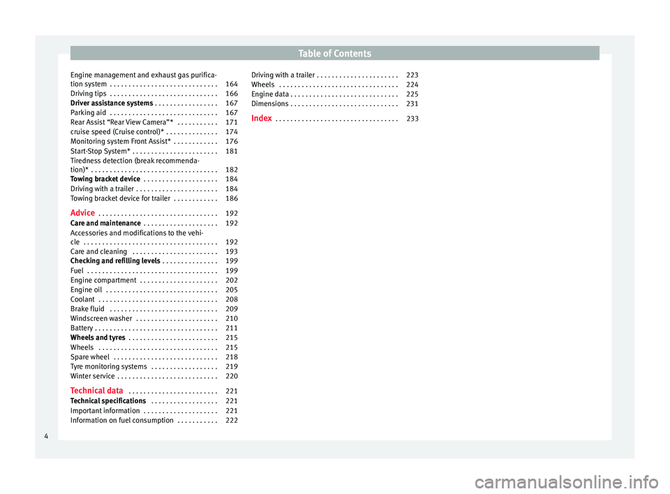 Seat Toledo 2016  Owners manual Table of Contents
Engine management and exhaust gas purifica-
tion sy s
t
em  . . . . . . . . . . . . . . . . . . . . . . . . . . . . . 164
Driving tips  . . . . . . . . . . . . . . . . . . . . . . . 