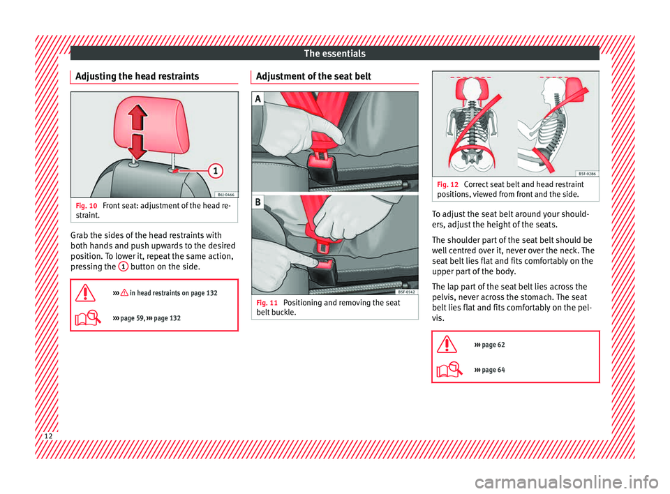 Seat Toledo 2015 User Guide The essentials
Adjusting the head restraints Fig. 10
Front seat: adjustment of the head re-
s tr
aint
. Grab the sides of the head restraints with
both h
and
s
and push upwards to the desired
posit Seat Toledo 2015 User Guide The essentials
Adjusting the head restraints Fig. 10
Front seat: adjustment of the head re-
s tr
aint
. Grab the sides of the head restraints with
both h
and
s
and push upwards to the desired
posit
