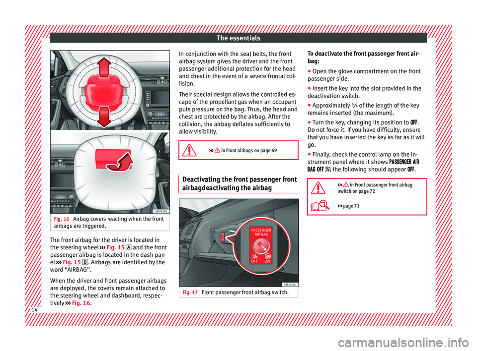 Seat Toledo 2015  Owners manual The essentials
Fig. 16 
Airbag covers reacting when the front
airb ag
s
 are triggered. The front airbag for the driver is located in
the s
t
eerin

g wheel ››› 
Fig. 15   and the front
passe