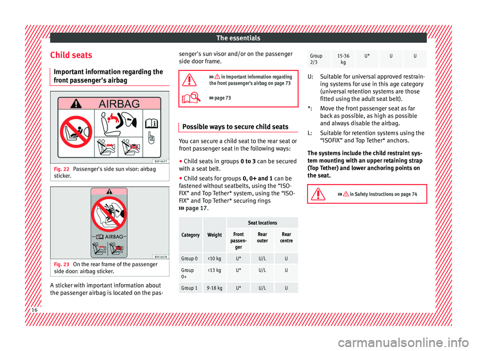 Seat Toledo 2015 User Guide The essentials
Child seats Impor t
ant
information regarding the
front passenger's airbag Fig. 22
Passenger's side sun visor: airbag
s tic
k
er. Fig. 23
On the rear frame of the passenger
Seat Toledo 2015 User Guide The essentials
Child seats Impor t
ant
information regarding the
front passenger's airbag Fig. 22
Passenger's side sun visor: airbag
s tic
k
er. Fig. 23
On the rear frame of the passenger