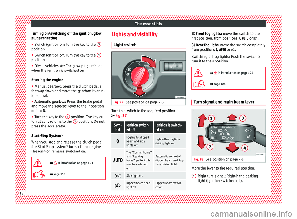 Seat Toledo 2015 Owners manual The essentials
Turning on/switching off the ignition, glow
p lug
s
reheating
● Switch ignition on: Turn the key to the 2position.
●
Switch ignition off. Turn the key to the 1position.
●
Diese Seat Toledo 2015 Owners manual The essentials
Turning on/switching off the ignition, glow
p lug
s
reheating
● Switch ignition on: Turn the key to the 2position.
●
Switch ignition off. Turn the key to the 1position.
●
Diese