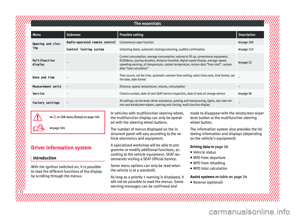 Seat Toledo 2015 Owners manual The essentialsMenuSubmenuPossible settingDescription
Opening and clos-
ingRadio-operated remote controlConvenience open function››› page 109
Central locking systemUnlocking doors, automatic loc Seat Toledo 2015 Owners manual The essentialsMenuSubmenuPossible settingDescription
Opening and clos-
ingRadio-operated remote controlConvenience open function››› page 109
Central locking systemUnlocking doors, automatic loc
