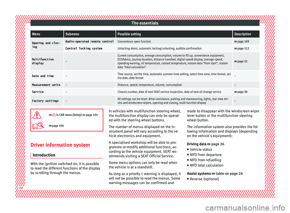 Seat Toledo 2015  Owners manual The essentialsMenuSubmenuPossible settingDescription
Opening and clos-
ingRadio-operated remote controlConvenience open function›››  page 109
Central locking systemUnlocking doors, automatic loc