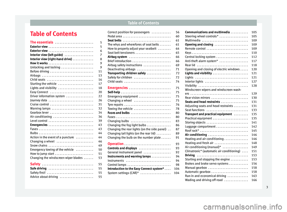 Seat Toledo 2015 Owners manual Table of Contents
Table of Contents
The e s
senti
als . . . . . . . . . . . . . . . . . . . . . . . . 5
Exterior view . . . . . . . . . . . . . . . . . . . . . . . . . . . . 5
Exterior view . . . . Seat Toledo 2015 Owners manual Table of Contents
Table of Contents
The e s
senti
als . . . . . . . . . . . . . . . . . . . . . . . . 5
Exterior view . . . . . . . . . . . . . . . . . . . . . . . . . . . . 5
Exterior view . . . .