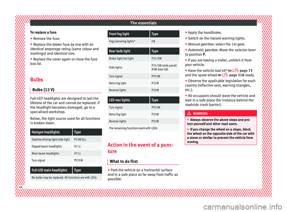 Seat Toledo 2015  Owners manual The essentials
To replace a fuse
● Remove the fuse.
● Replace the blown fuse by one with an
iden tic
a
l amperage rating (same colour and
markings) and identical size.
● Replace the cover again 