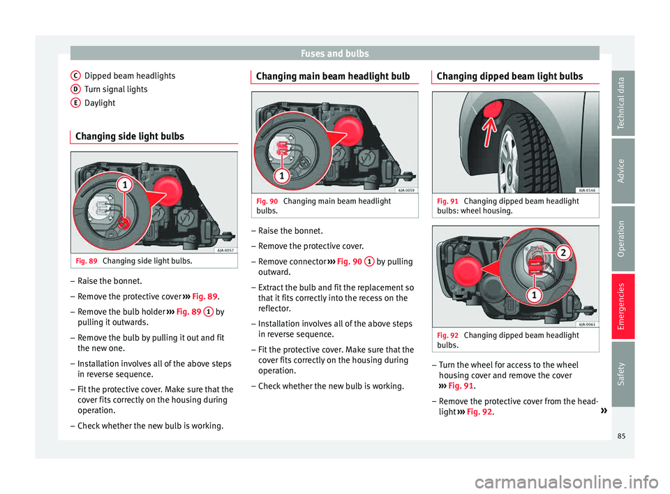 Seat Toledo 2015  Owners manual Fuses and bulbs
Dipped beam headlights
T urn s
ign
al lights
Daylight
Changing side light bulbs Fig. 89 
Changing side light bulbs. –
Raise the bonnet.
– Remove the protective cover  ›
› ›

