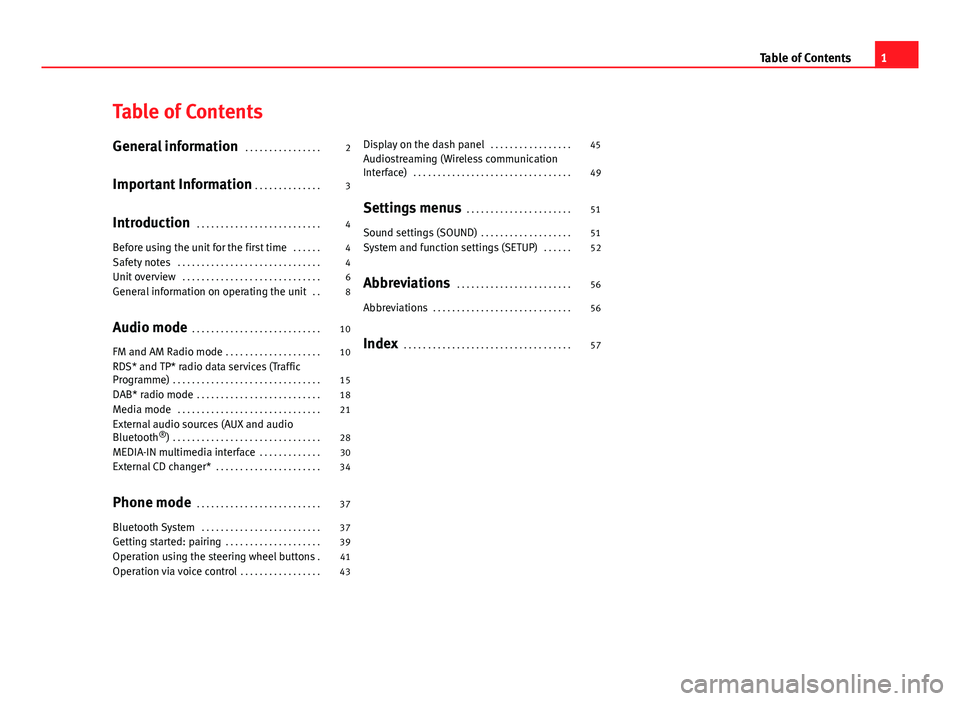 Seat Toledo 2014  SOUND SYSTEM 2.0 Table of Contents
General information . . . . . . . . . . . . . . . . 2
Important Information  . . . . . . . . . . . . . . 3
Introduction  . . . . . . . . . . . . . . . . . . . . . . . . . . 4
Before 