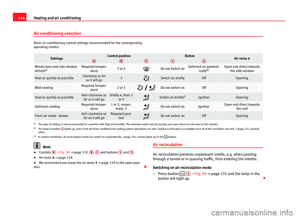 Seat Toledo 2013  Owners manual 134Heating and air conditioning
Air conditioning selection
Basic air conditioning control settings recommended for the corresponding
operating modes:
SettingsControl positionButtonAir vents 4ABC12
Win