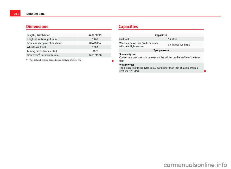 Seat Toledo 2013 User Guide 246Technical Data
Dimensions
Length / Width (mm)4482/1715Height at kerb weight (mm)1466Front and rear projections (mm)876/1004Wheelbase (mm)2602Turning circle diameter (m)10.2Front/reara)
track width Seat Toledo 2013 User Guide 246Technical Data
Dimensions
Length / Width (mm)4482/1715Height at kerb weight (mm)1466Front and rear projections (mm)876/1004Wheelbase (mm)2602Turning circle diameter (m)10.2Front/reara)
track width