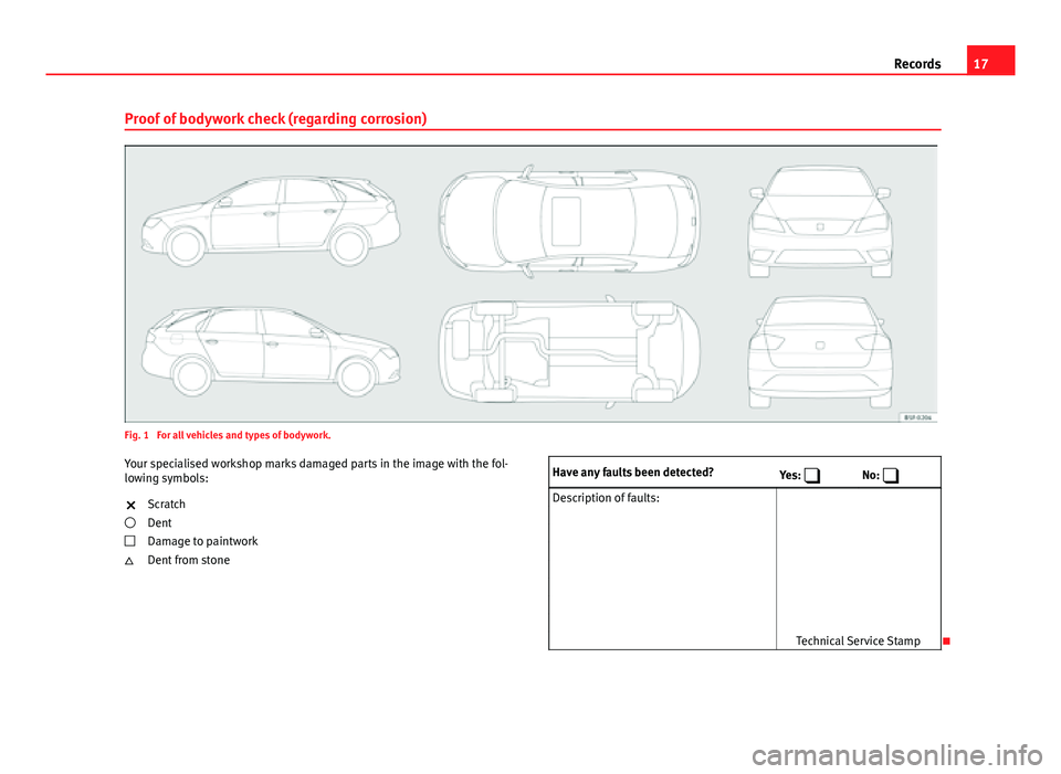 Seat Toledo 2013  Maintenance programme 17
Records
Proof of bodywork check (regarding corrosion)
Fig. 1  For all vehicles and types of bodywork.
Your specialised workshop marks damaged parts in the image with the fol-
lowing symbols: Scratc