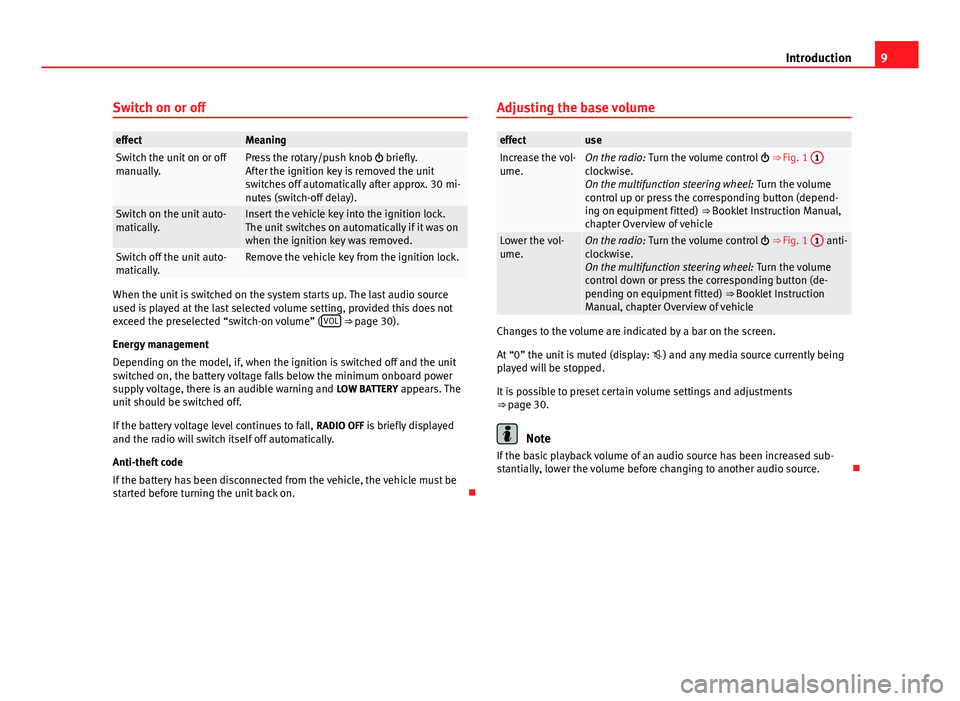 Seat Toledo 2013  SOUND SYSTEM 1.X 9IntroductionSwitch on or offeffectMeaningSwitch the unit on or offmanually.Press the rotary/push knob  briefly.After the ignition key is removed the unitswitches off automatically after approx. 30