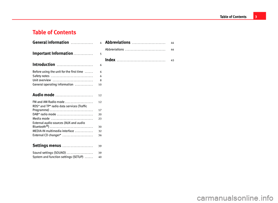 Seat Toledo 2012  SOUND SYSTEM 2.0 Table of Contents
General information . . . . . . . . . . . . . . . . 4
Important Information  . . . . . . . . . . . . . . 5
Introduction  . . . . . . . . . . . . . . . . . . . . . . . . . . 6
Before 