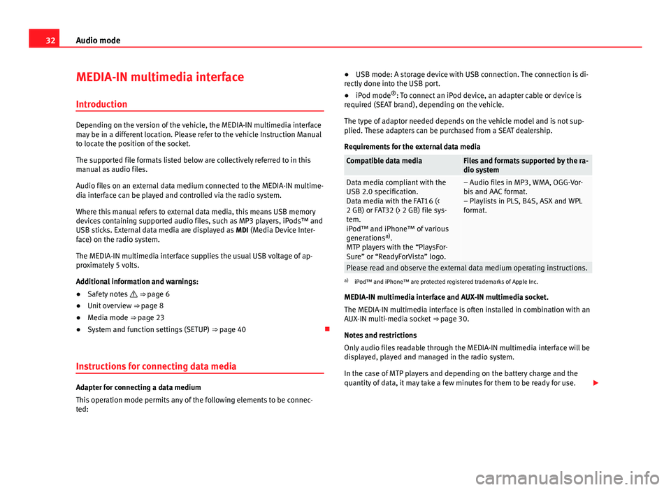 Seat Toledo 2012  SOUND SYSTEM 2.0 32Audio mode
MEDIA-IN multimedia interface
Introduction
Depending on the version of the vehicle, the MEDIA-IN multimedia interface
may be in a different location. Please refer to the vehicle Instructi