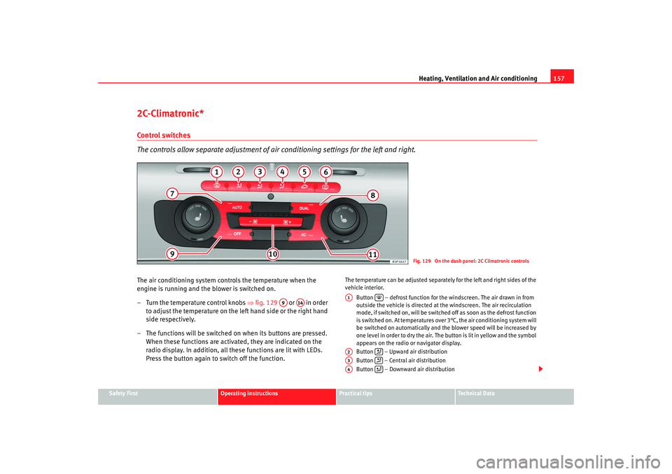 Seat Toledo 2008  Owners manual Heating, Ventilation and Air conditioning 157
Safety First
Operating instructions
Practical tips
Te c h n i c a l  D a t a
2C-Climatronic*Control switches
The controls allow separate adjustment of air